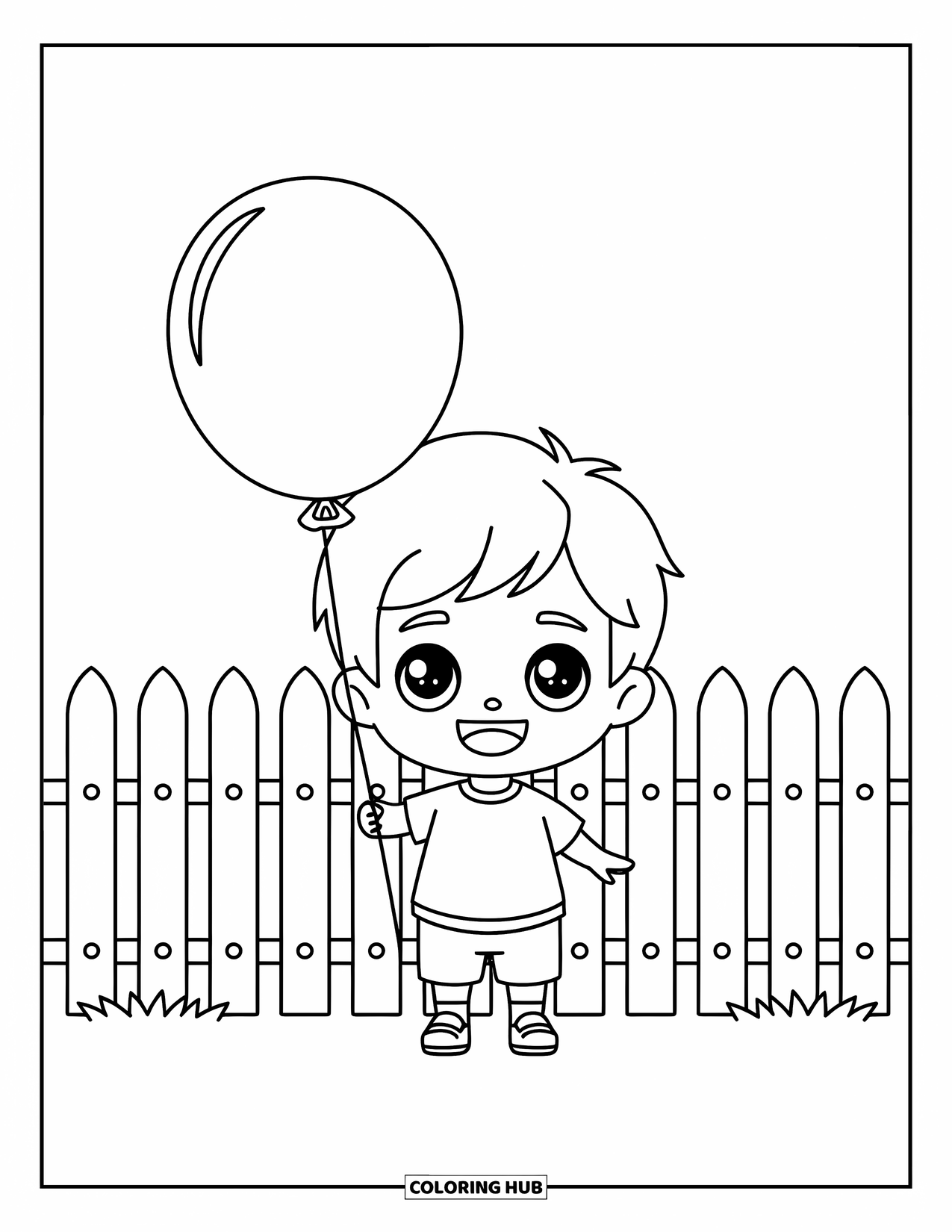 Chibi Coloring Page for Kids: A joyful boy with big eyes holds a balloon beside a charming fence