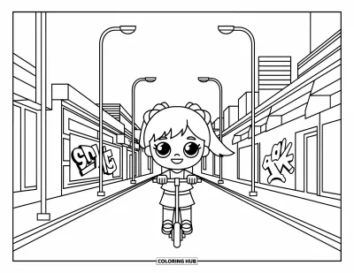 Chibi-fargeleggingsark for barn: En glad jente kjører sparkesykkelen sin forbi morsomme bygninger og lekne skilt