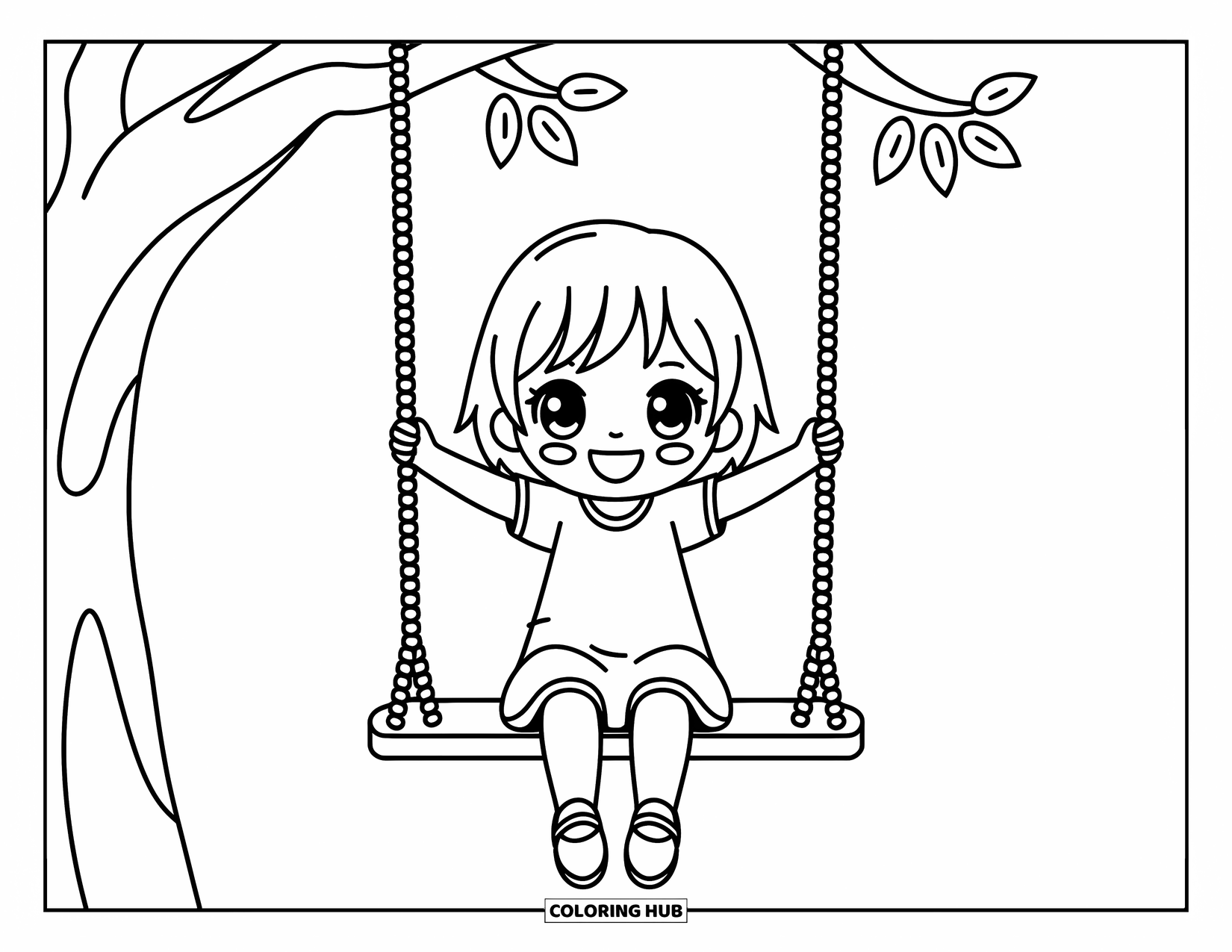 Chibi Coloring Page for Kids: A joyful girl swings high with arms wide and eyes sparkling
