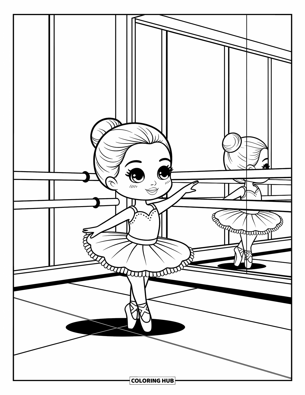 Chibi Coloring Page for Kids: A little ballerina dances gracefully with her reflection in view