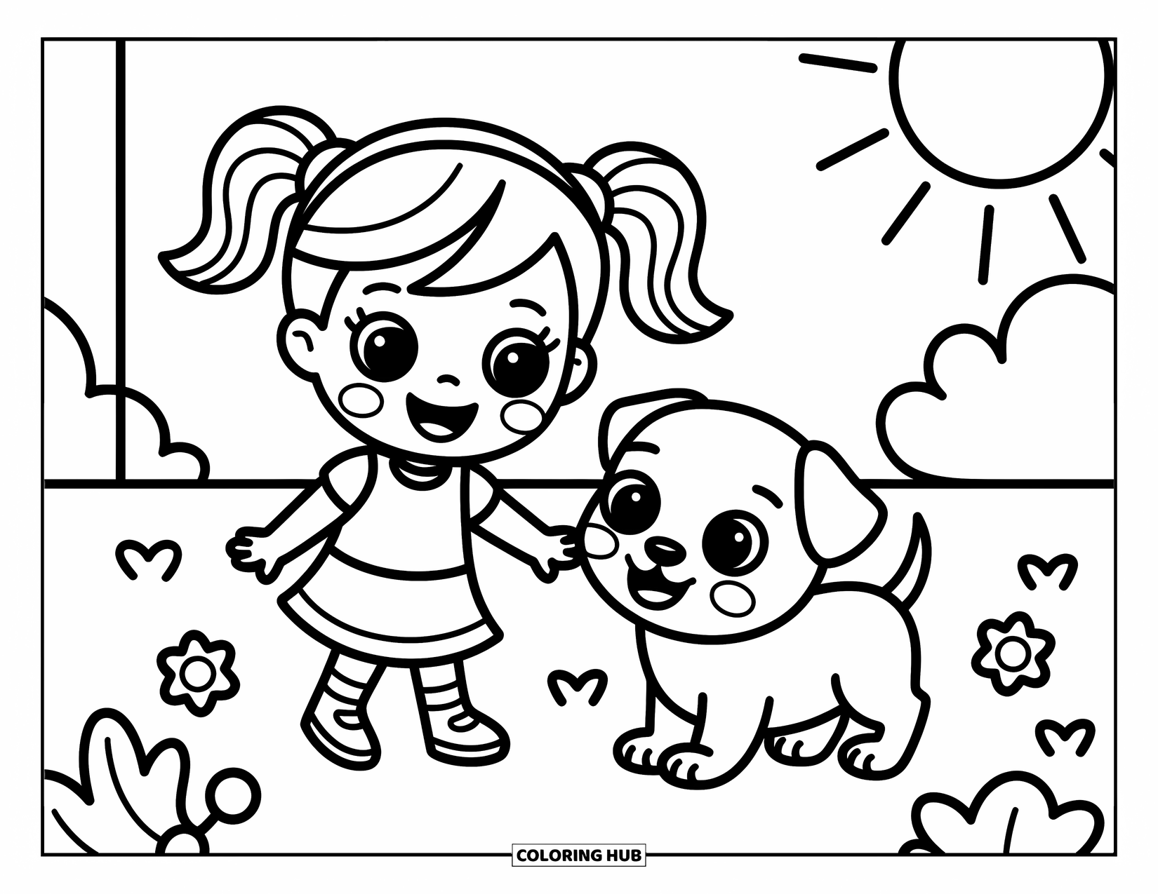 Chibi Coloring Page for Kids: A playful girl and her puppy run around a sunny backyard