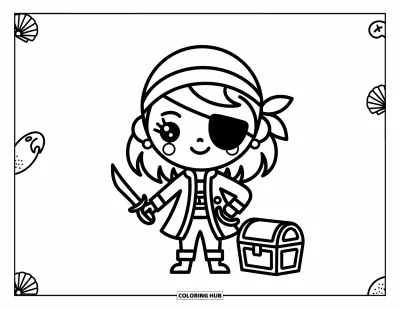 Chibi-fargeleggingsark for barn: En leken piratjente holder en skattekiste, klar for eventyr