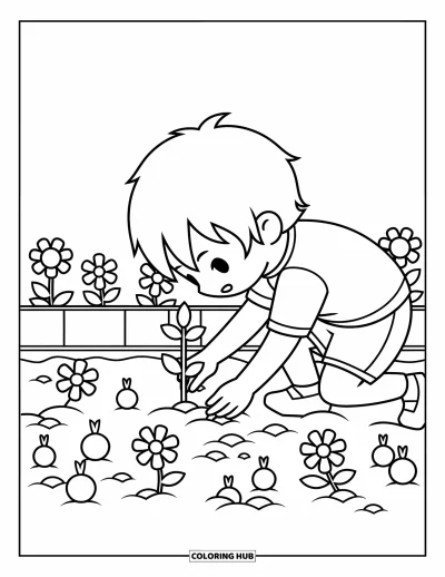 Chibi-fargeleggingsark for barn: En smilende gutt kneler for å plante et frø i en leken hage