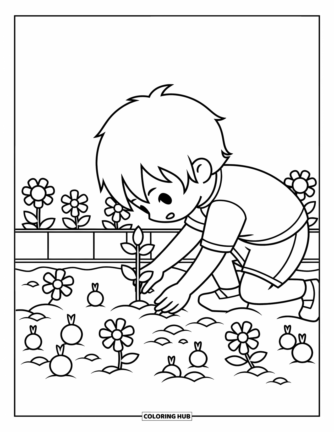 Chibi Coloring Page for Kids: A smiling boy kneels to plant a seedling in a playful garden