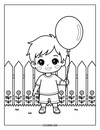 Chibi-fargeleggingsark for barn: En smilende gutt med en ballong står ved et gjerde dekket av små blomster