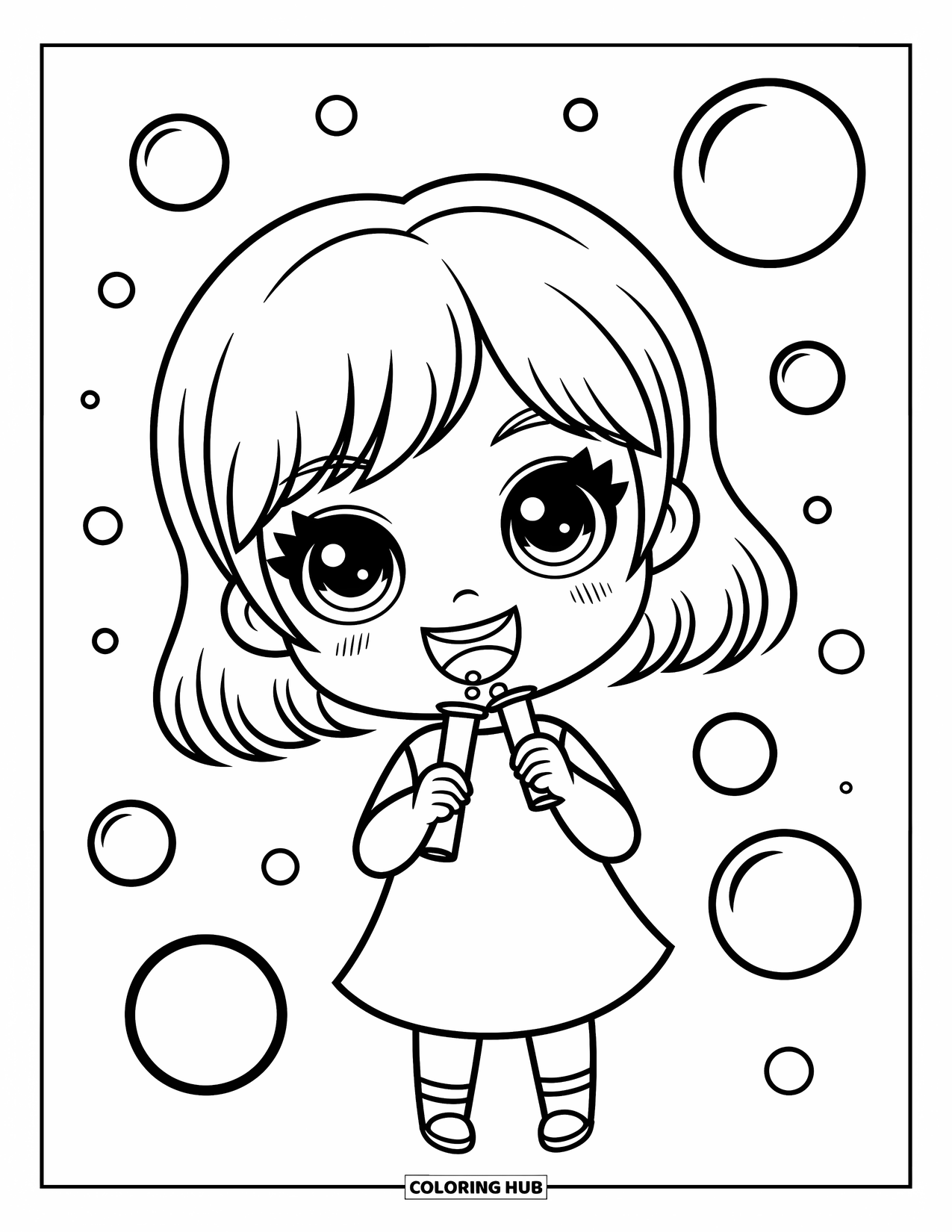 Chibi Coloring Page for Kids: A smiling girl blows bubbles in the air with big, playful eyes