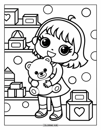 Chibi-fargeleggingsark for barn: En smilende jente klemmer en bamse ved siden av en hylle med leker