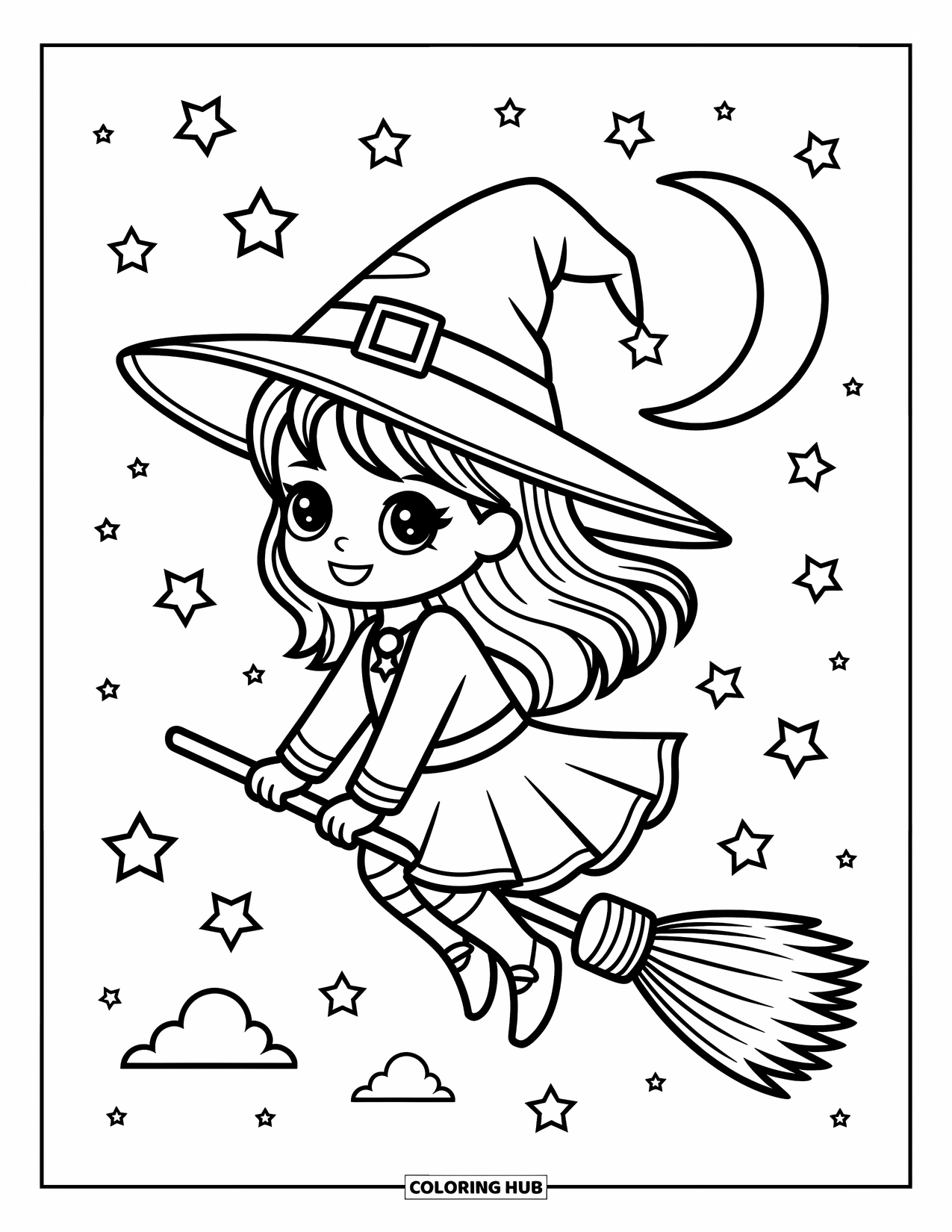 Chibi Coloring Page for Kids: A smiling witch girl flies past the moon with stars and clouds