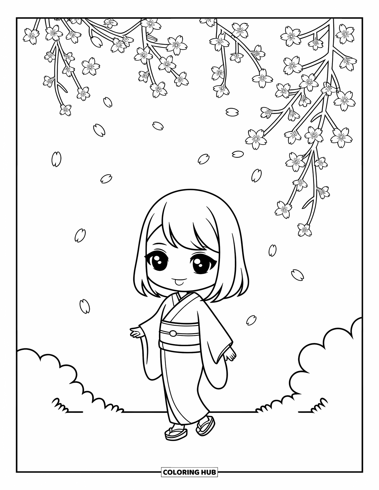 Chibi Coloring Page for Kids: A sweet girl in a kimono walks under gently falling cherry blossoms