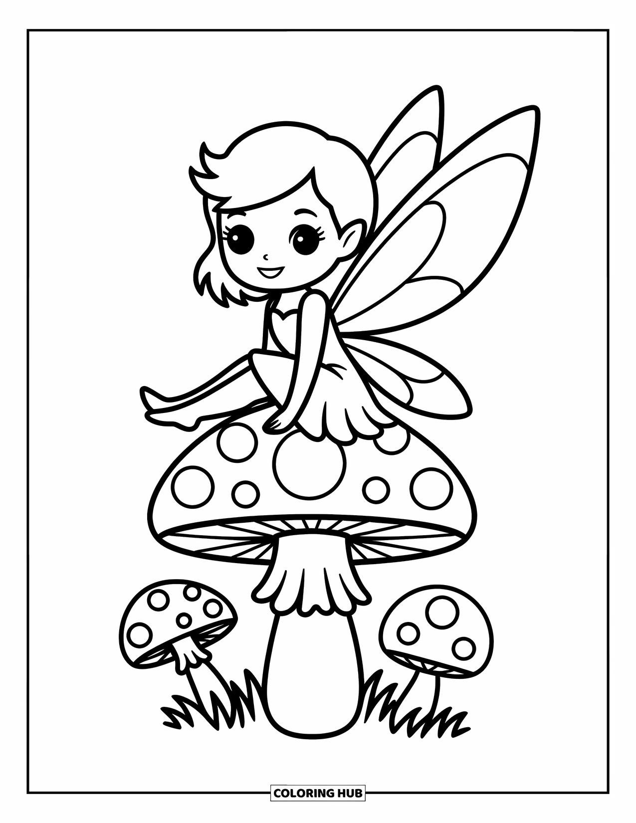 Chibi Coloring Page for Kids: A sweet little fairy rests on a mushroom with a joyful look