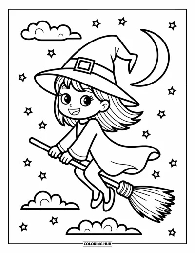 Chibi-fargeleggingsark for barn: En liten heks flyr på sopelimen sin forbi en lysende halvmåne