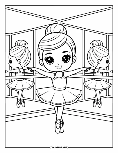 Chibi-fargeleggingsark for barn: En snurrende ballerina smiler mens speilbildet hennes følger etter