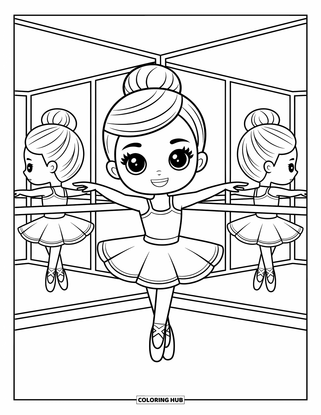 Chibi Coloring Page for Kids: A twirling ballerina smiles as her reflection follows in the mirror