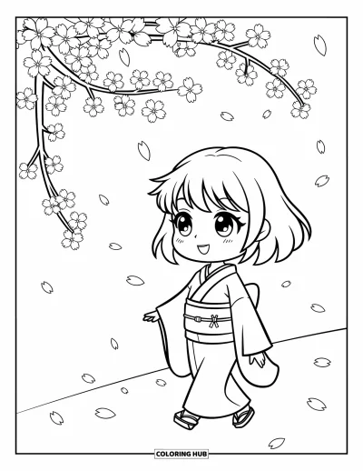 Chibi-fargeleggingsark for barn: En storøyd jente i kimono vandrer under en himmel full av fallende blomster