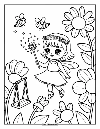 Chibi-Mädchen-Ausmalbild für Erwachsene: Ein Chibi-Feenmädchen schwebt bei Blumen, während Funken fliegen und Bienen summen