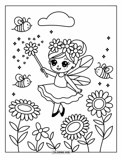 Chibi-Mädchen-Ausmalbild für Erwachsene: Eine Chibi-Fee mit Gänseblümchenkranz verstreut Funken neben riesigen Blumen und summenden Bienen