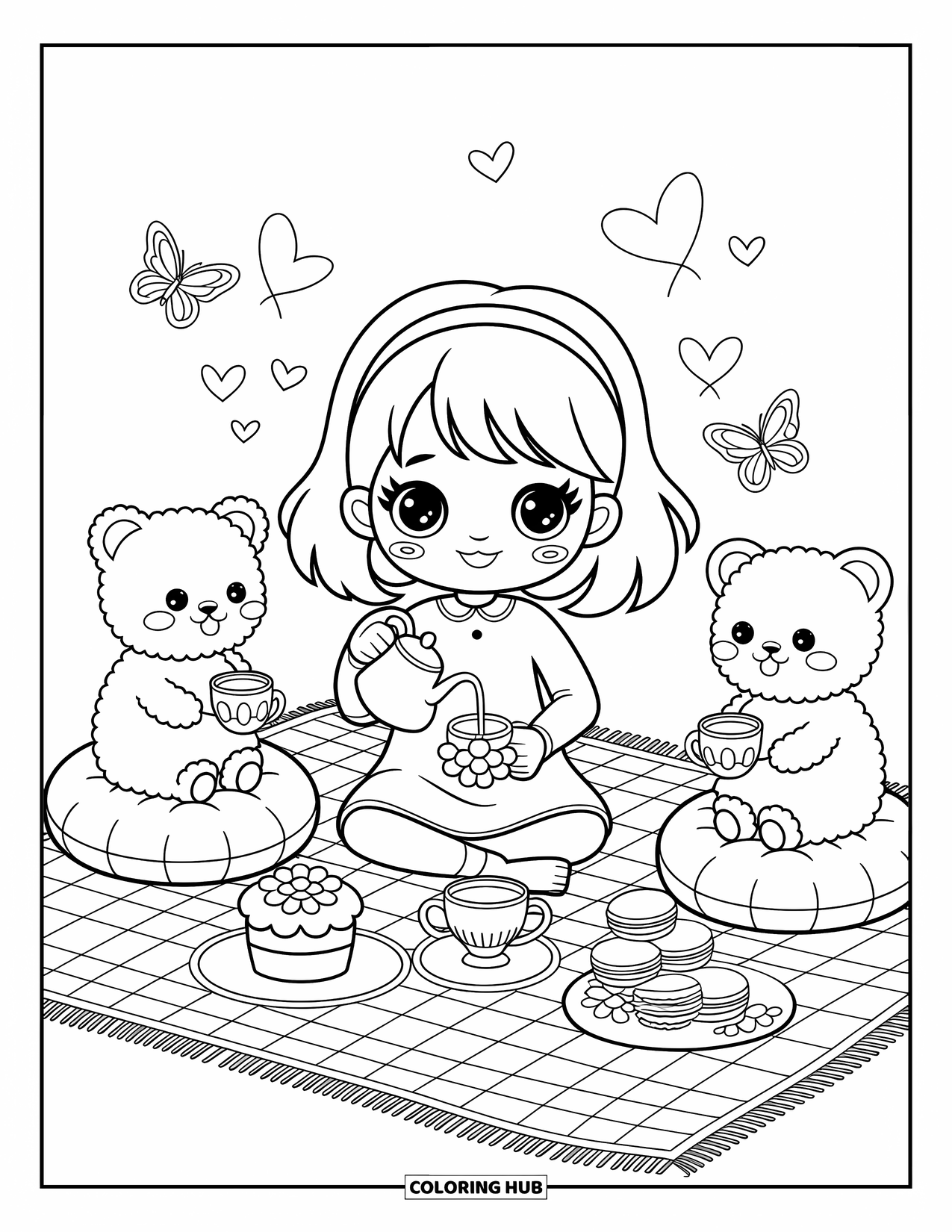 Chibi Girl Coloring Page for Adults: A chibi girl and plush friends share tea and treats under fluttering butterflies