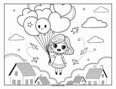 Chibi-Mädchen-Ausmalbild für Erwachsene: Ein Chibi-Mädchen gleitet sanft mit herzförmigen Luftballons über ein gemütliches Städtchen