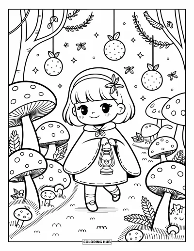 Chibi-Mädchen-Ausmalbild für Erwachsene: Ein Chibi-Mädchen erkundet einen Zauberwald voller Laternen, Pilze und kleiner Waldtierchen