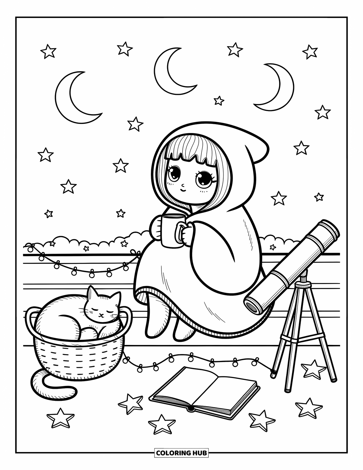 Chibi Girl Coloring Page for Adults: A chibi girl gazes at the stars beside her sleepy cat and glowing fairy lights