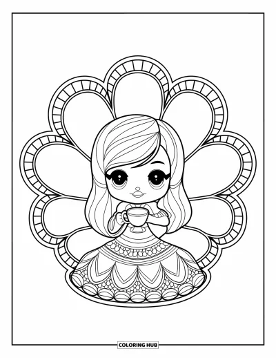 Chibi-Mädchen-Ausmalbild für Erwachsene: Ein Chibi-Mädchen mit Teetasse entspannt in einem Blumenstuhl mit aufwendigem Hintergrund