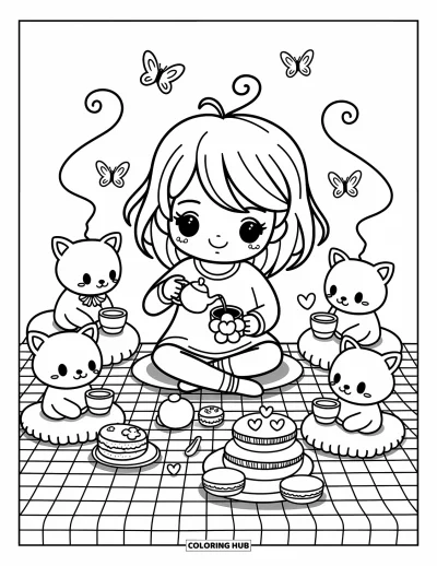 Chibi-Mädchen-Ausmalbild für Erwachsene: Ein Chibi-Mädchen veranstaltet eine Teeparty mit Plüschtieren, kleinen Tassen und flatternden Schmetterlingen
