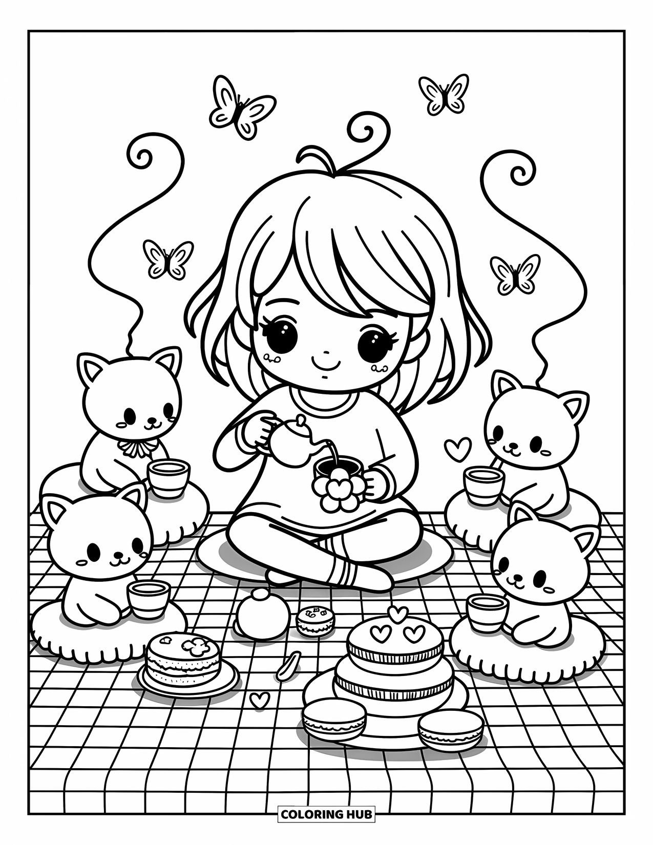Chibi Girl Coloring Page for Adults: A chibi girl hosts tea time with plushies, tiny cups, and fluttering butterflies