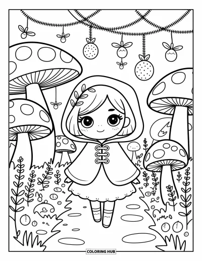Chibi-Mädchen-Ausmalbild für Erwachsene: Ein Chibi-Mädchen im Umhang geht auf einem Waldweg mit leuchtenden Laternen und Pilzen