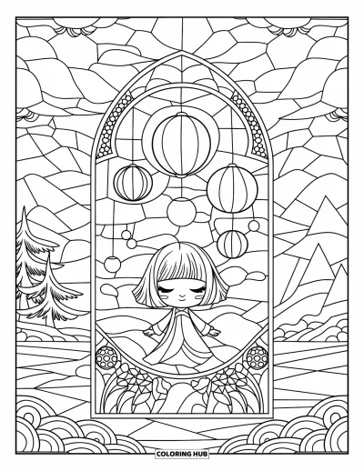Chibi-Mädchen-Ausmalbild für Erwachsene: Ein Chibi-Mädchen im roten Kleid steht zwischen Laternen und naturthematischen Buntglasmotiven