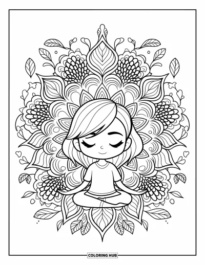 Chibi-Mädchen-Ausmalbild für Erwachsene: Ein Chibi-Mädchen meditiert friedlich inmitten eines Mandalas aus Blumen und Ranken