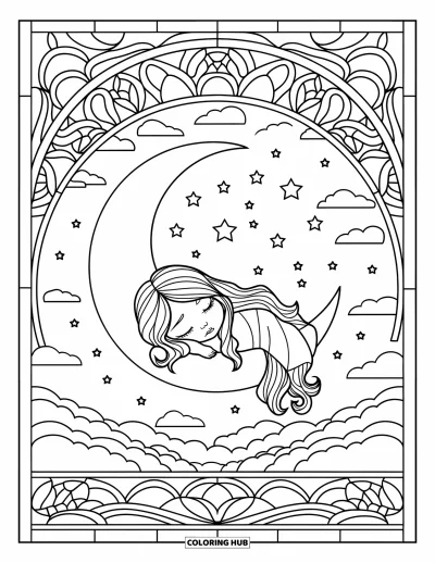 Chibi-Mädchen-Ausmalbild für Erwachsene: Ein Chibi-Mädchen ruht auf einem Halbmond mit Wolken und Buntglasrahmen