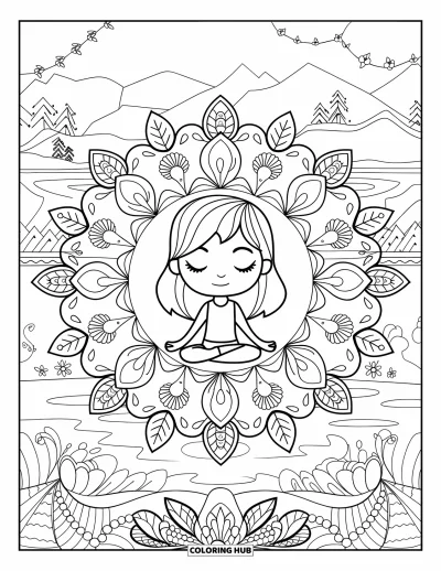 Chibi-Mädchen-Ausmalbild für Erwachsene: Ein Chibi-Mädchen sitzt im Lotussitz umgeben von botanischen Mandalas und friedlicher Natur