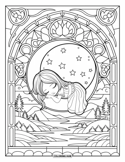Chibi-Mädchen-Ausmalbild für Erwachsene: Ein Chibi-Mädchen schläft auf dem Mond, gerahmt von Buntglas und friedlicher Landschaft