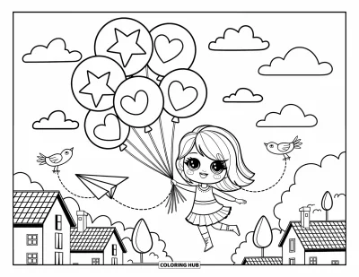 Chibi-Mädchen-Ausmalbild für Erwachsene: Ein Chibi-Mädchen schwebt mit niedlichen Luftballons über Dächer, Vögel und ein Papierflugzeug