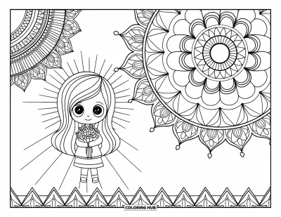 Chibi-Mädchen-Ausmalbild für Erwachsene: Ein Chibi-Mädchen steht in einem Sonnenstrahl mit einem Blumenstrauß, umgeben von Mandalas