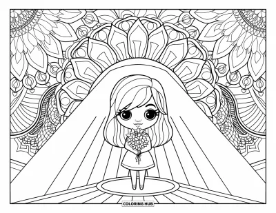 Chibi-Mädchen-Ausmalbild für Erwachsene: Ein Chibi-Mädchen steht im Sonnenlicht mit Blumen, umrahmt von Mandalas und Mustern
