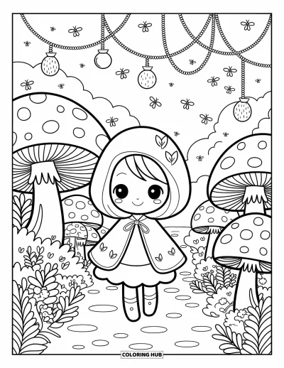 Chibi-Mädchen-Ausmalbild für Erwachsene: Ein Chibi-Mädchen wandert auf einem verträumten Pfad zwischen Farnen, leuchtenden Laternen und neugierigen Tierchen
