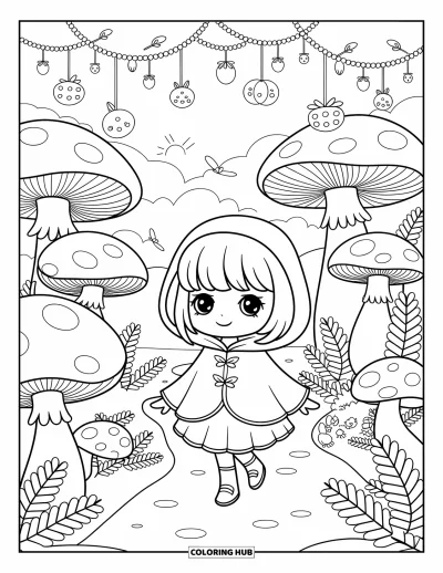 Chibi-Mädchen-Ausmalbild für Erwachsene: Ein Chibi-Mädchen streift durch einen gemütlichen Wald mit Pilzen, Tierchen und hängenden Lichtfrüchten