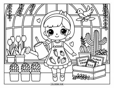 Chibi-Mädchen-Ausmalbild für Erwachsene: Ein Chibi-Mädchen mit einer Hasen-Gießkanne pflegt Pflanzen in einem gemütlichen Gewächshaus