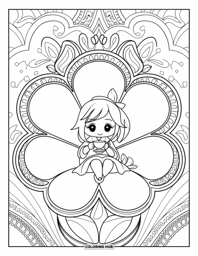 Chibi-Mädchen-Ausmalbild für Erwachsene: Ein Chibi-Mädchen mit Teetasse sitzt in einem Blumenstuhl umgeben von filigranen Mustern