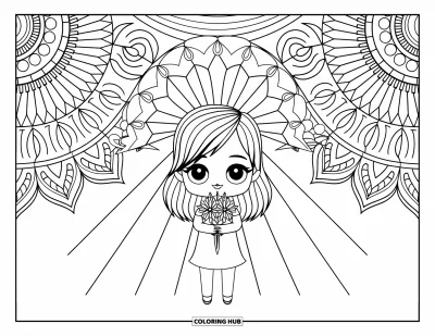 Chibi-Mädchen-Ausmalbild für Erwachsene: Ein Chibi-Mädchen mit Blumen steht in einem Sonnenstrahl, umgeben von detailreichen Mandala-Schichten