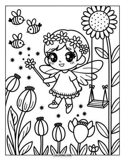 Chibi-Mädchen-Ausmalbild für Erwachsene: Ein Chibi-Mädchen mit Blütenflügeln und Blumenzauberstab schwebt zwischen Bienen und Blüten