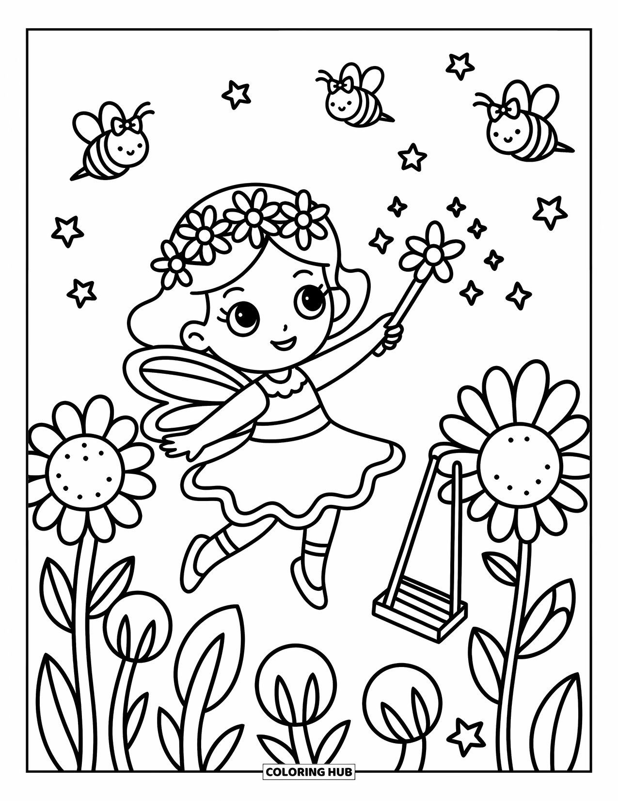 Chibi Girl Coloring Page for Adults: A chibi girl with wings and flower wand floats among blooms and bow-tied bees