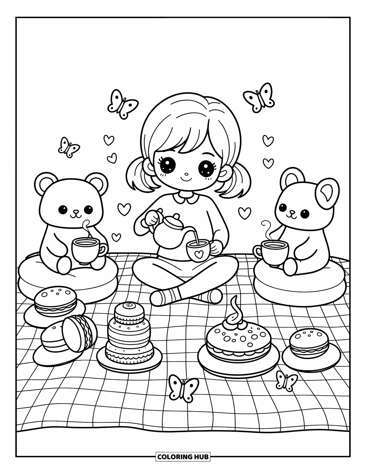 Chibi Girl Coloring Page for Adults: A chibi tea party unfolds with plush friends, flower cups, and heart-shaped steam curls