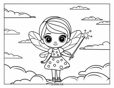 Chibi-Mädchen-Ausmalbild für Kinder: Ein Chibi-Feenmädchen steht auf einer Wolke mit einem Zauberstab und gepunktetem Kleid