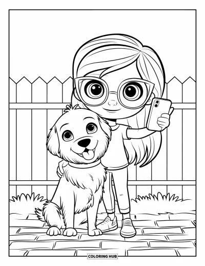 Chibi-Mädchen-Ausmalbild für Kinder: Ein Chibi-Mädchen und ihr Golden Retriever machen ein Selfie auf einem Backsteinweg