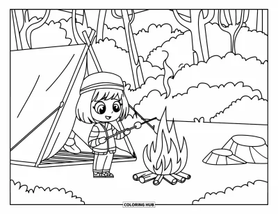 Chibi-Mädchen-Ausmalbild für Kinder: Ein Chibi-Mädchen zeltet im Wald und röstet Marshmallows neben einem hängenden Topf