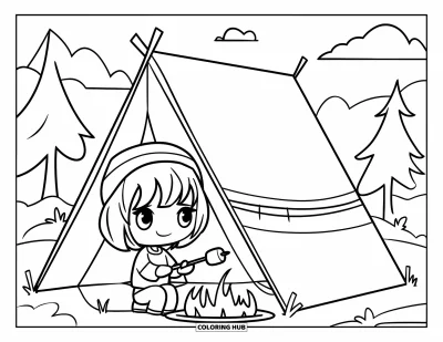 Chibi-Mädchen-Ausmalbild für Kinder: Ein Chibi-Mädchen zeltet unter Bäumen und röstet ein Marshmallow am Feuer