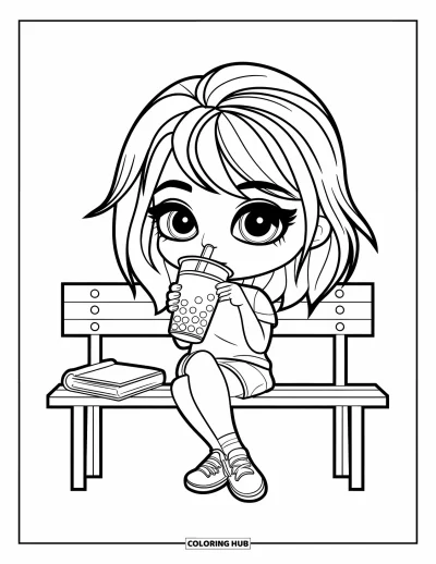 Chibi-Mädchen-Ausmalbild für Kinder: Ein Chibi-Mädchen genießt Bubble-Tea auf einer Bank mit ihrem Buch in der Nähe