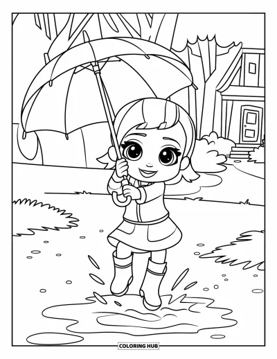 Chibi-Mädchen-Ausmalbild für Kinder: Ein Chibi-Mädchen hüpft fröhlich in eine Pfütze neben Bäumen und einem Haus